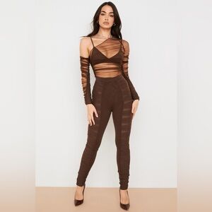 House Of CB Women’s Ruched Mesh Leggings Pants Brown High Waist Skinny Sheer XS